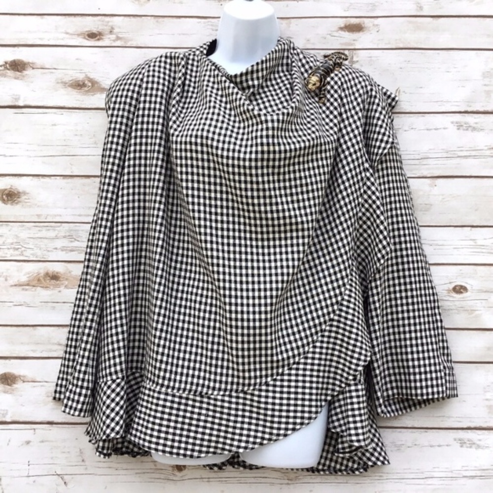 Gingham Black & White Poncho Style Drape Jacket